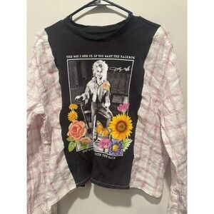 Rework Upcycle Grunge Oversize Crop Dolly Parton Flannel Top S/M
